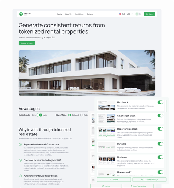 Custom project landing page for tokenized real estate